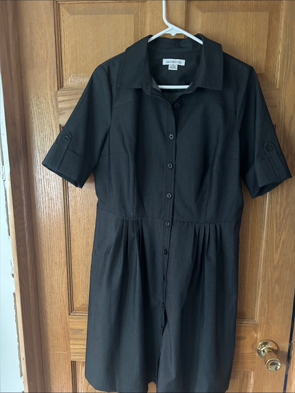 Liz Claiborne dark charcoal gray Button-Front Midi Shirt Dress